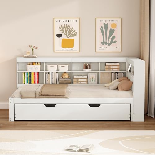 MYBOO Tagesbett Schlafsofa 90x200 cm, Holz Multifunktionsbett mit Ausziehbarem Bett 90x190 cm, USB-Steckdose und Mehreren Ablagefächern, Einzelbett Massivholzbett mit Lattenrost, Ohne Matratze, Weiß – Bild 5