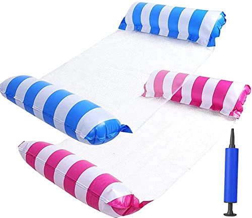 2 Piezas Hamaca Flotante Inflable del Agua, Hamaca Flotante 4 en 1 Piscina Tumbona, Cama Flotante Portátil e Inflable con Bomba de Aire para Verano, Fiestas en La Playa de Adultos (Rosa+Azul)