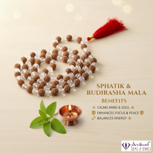 Image of Arihant Gems and Jewels Sphatik /Crystal Jaap Mala for Pooja (54+1 Beads) | Natural & Certified | Astrological Beads with Positive Effect | Unisex Both for Men & Women (Sphatik and Rudraksha Mala)