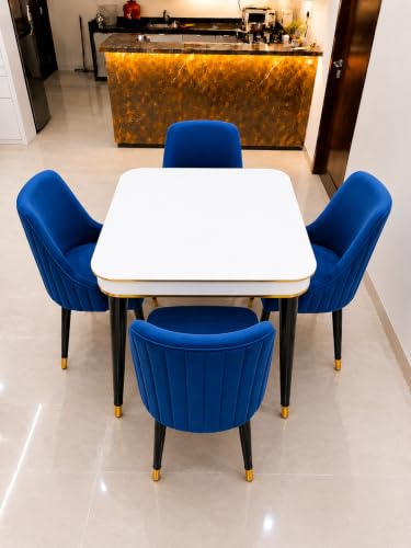 Image of WOODEN SPACE 4 Seater Wooden Dining Table Set | Urban Marble Top Dining Table with Chairs for Dining Room & Kitchen (Modern Infinity Backline Navy Blue) (42 x 42 x 30 inch)
