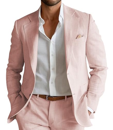 Mens Linen Suit 2 Piece Slim Fit Linen Suit for Men Beach Wedding Two Button Summer Casual Prom Party Suits Set