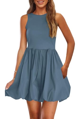 Image of PRETTYGARDEN Summer Dresses for Women 2026 Casual Mini Short Cocktail Dress Sleeveless Tank Crew Neck Bubble Sundress Pockets