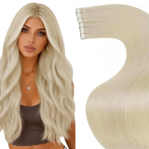 Image of LaaVoo Blonde Hair Extensions Tape in 14 Inch Human Hair Tape in Extensions Bleach Blonde Remy Tape in Hair Extensions Human Hair Blonde Skin Weft 20 Pieces 50 Gram