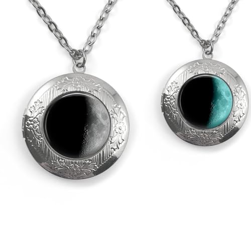 Custom Glow in the Dark Moon Phase Photo Locket Necklace – Personalized Birth Date Pendant in Silver, Rose Gold, Gunmetal or Bronze – Handmade Anniversary or Birthday Gift