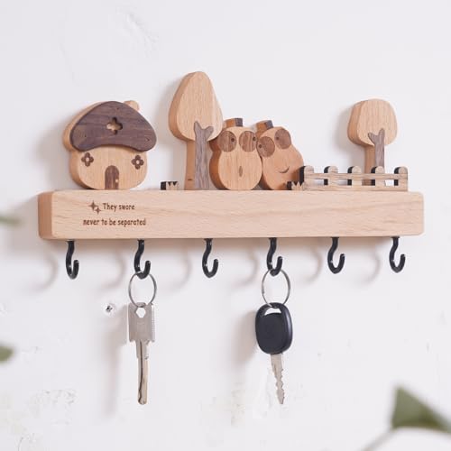 Bonito llavero con estante para pared y 6 ganchos de madera 5