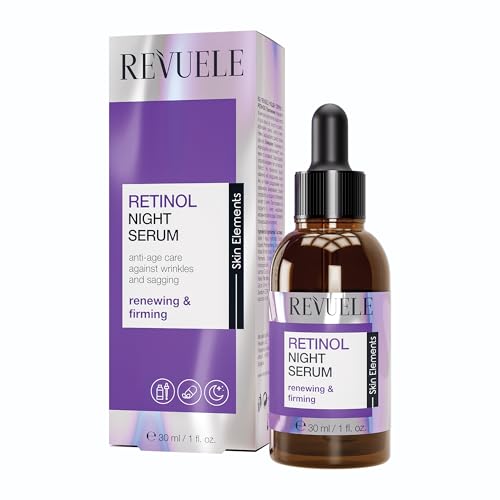 REVUELE Sérum de noche de retinol con pantenol y vitamina C – Sérum facial antienvejecimiento contra manchas de pigmento, arrugas y líneas finas, reafirmante con efecto brillo – 30 ml