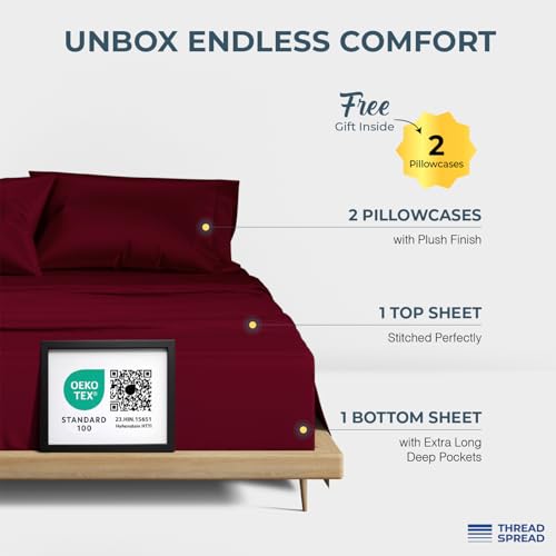 Image of THREAD SPREAD 100% Egyptian Cotton Sheets Queen Size - Luxury 1500 Series Queen Sheet Set Egyptian Cotton (4 PC, Burgundy), Silky Soft, Sateen Weave, Cooling & Breathable, 17 inch Deep Pocket Bed Set