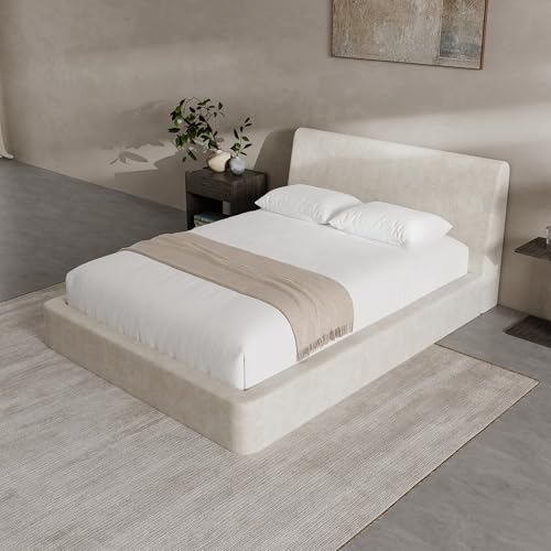 Image of RECCI AirFrame Full Size Bed Frame with Ergonomic Angled Foam Cushioned Headboard, Minimalist Design Platform Bed Frame, No Box Spring Needed, Easy Assembly (Beige Chenille)