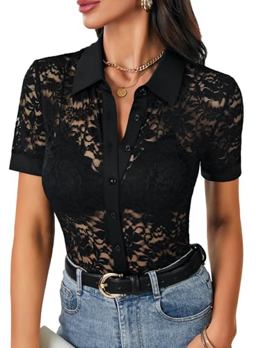 LYANER Women's Mesh Sheer Short Sleeve Layering Top Floral Lace Sexy Button Down Summer Blouse Shirt
