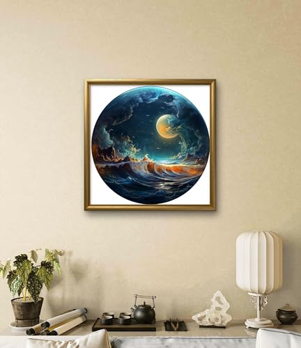 Image of Leczany Cross Stitch Stamped Kit for Beginner - Moonlight Waves | DIY Embroidery Starter Patterns Craft Kit Needlepoint for Adults | 11CT, 3 Strands | 15x15 inches