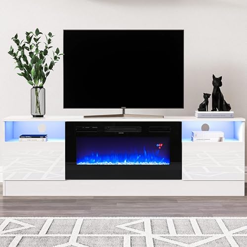 Warmiehomy Electric Fire Insert TV Stand, 78 TV Unit with Fireplace Built in, 12 Colors Moon Light & 12 Flame Effect Support, 36 Fireplace, Remote Control & Overheat Protection, White