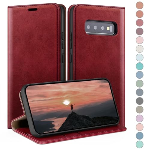 HUOUH für Samsung Galaxy S10 Plus Hülle mit RFID Schutzhülle aus Lederhülle Handyhülle,Kartenfach Leder ständer Handy hülle,360 Grad Schutz Cover für Samsung S10 Plus Klapphülle Wallet Hülle Rot