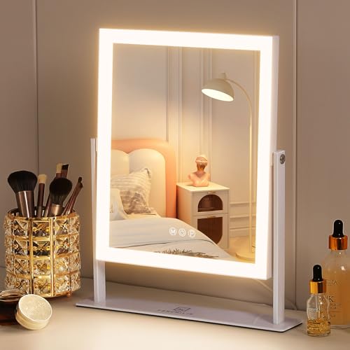 FENCHILIN Make-upspiegel met verlichting Hollywood spiegel 3 kleuren Dimbaar licht Spiegel met verlichting Smart Touch bediening 10x Vergroting 360° Draaiing Wit
