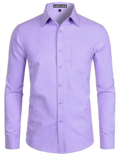 PARKLEES Men's Long Sleeve Dress Shirt Solid Slim Fit Casual Business Formal Button Up Shirts with Pocket Lavender M