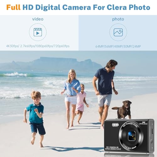 Image of Digital Camera, FHD Kids Cameras for Photography, 4K 44MP Compact Point and Shoot Camera for Kids, Teens and Beginners with 32GB SD Card, 2 Rechargeable Batteries (CAM26)