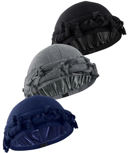 Babalet Halo Turban for Men Women Satin Lined Durag Head Wraps Scarf Skull Cap Pre-Tied Tassel Beanie Vintage Twist Sleeping Bonnet Headwraps Chemo Hair Loss Hat Solid Black NavyBlue Grey 3PCS