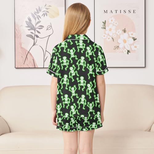 Funny Green Skulls Summer Satin Pajama Set, Cute Button-Down Sleepwear Pj Set for Sleep Wears4