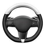 Steering Wheel Cover for Tesla Model 3/Y, Non-Slip and Breathable Nappa Leather, Black Steering Wheel Covers for Model 3/Y Accessories (Black & White Nappa)