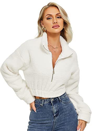 HAWILAND Pull en polaire pour femme avec fermeture éclair, #2 blanc., L taille courte Cover