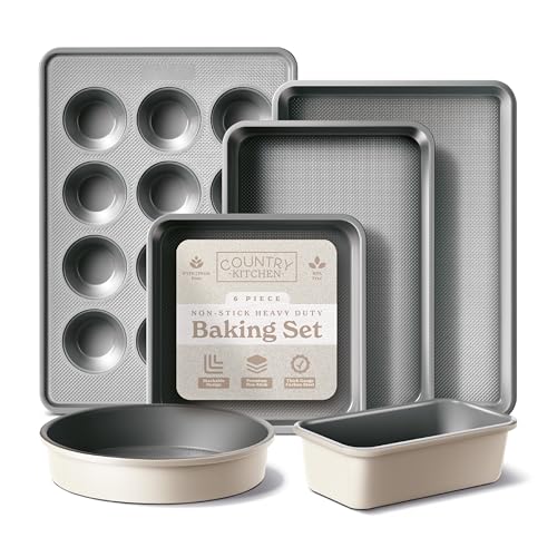 Image of Country Kitchen Nonstick Stackable Bakeware Set - Durable, Easy Release Baking Set, Cream, 6 Pcs