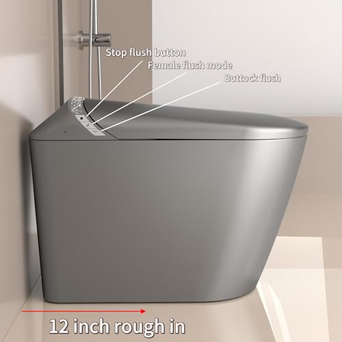Inodoro inteligente gris con bidé integrado y asiento calefactado | Entrada de 30,5 cm, agua tibia, secador de aire caliente, descarga por sensor de pie, pantalla LED, luz nocturna estrellada, diseño monobloque miniatura 2