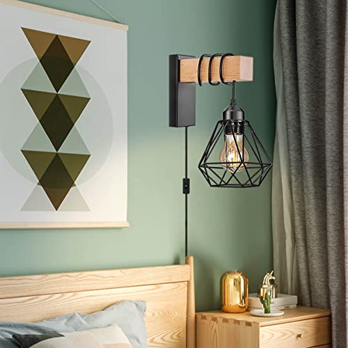Plug In Wall Sconces Set Of Two,Farmhouse Wall Mounted Lights With Plug In Cord,Black Rustic Wall Lamp For Bedroom Bedside Living Room,With Wood Arm And 70.8Inch On/Off Switch Cord,2 Pack #TOP4