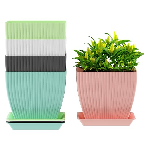 Image of ELUVIA 7-inch Square Planters with Saucers (Set of 5) - Modern Fluted Flower Pots with Drainage Holes and Trays - Premium Plastic Indoor Outdoor Plant Pots for Succulents, Flowers (Multi Color)