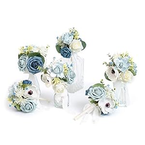 Ling’s Moment Dusty Blue Wedding Table Centerpieces Mini Bridesmaid Bouquets Set of 6 Light Blue Rose Bouquets Pre-Made Floral Wedding Centerpieces for Reception Decor (Dusty Blue)