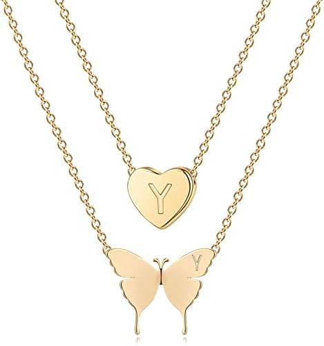 Minegreet Gold Initial Layered Necklace 18K Gold Plated Butterfly and Heart Pendant Name Necklaces Delicate Everyday Necklace for Women Minimalist Personalized Jewelry