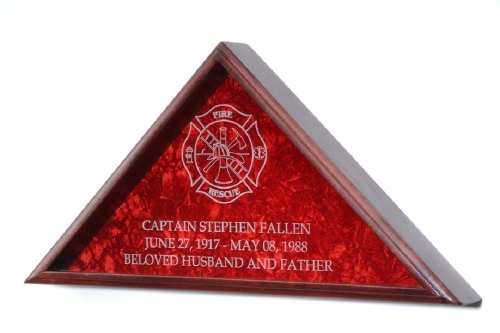 Firefighter Burial Flag Display w/engraved Maltese Cross - for 5x9.5 Funeral flag - INCLUDES 3 LINES OF TEXT PERSONALIZATION - Solid Oak w/Cherry Finish