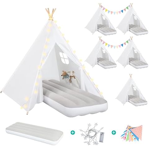 Teepee Tent for Kids Slumber Party 6 Pack - Inflatable Airbed & Star Lights & Colored Flag - Indoor Outdoor Toddler Play Tent for Girls Boys Birthday Gifts Sleepover Party (White) Cover