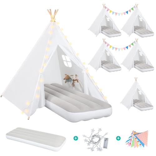 Teepee Tent for Kids Slumber Party 6 Pack - Inflatable Airbed & Star Lights & Colored Flag - Indoor Outdoor Toddler Play Tent for Girls Boys Birthday Gifts Sleepover Party (White)