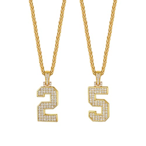 FindChic 2-Pack Number Chain Necklace Set - Number 2 & 5 Baseball Football Basketball Jersey Pendant with 22'' Chain 18K Gold Plated Jewelry for Men & Women, Gift Box Included