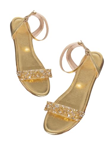 GORGLITTER Women's Metallic Sparkly Flat Sandals Dressy Summer Ankle Strap Open Toe Bridal Wedding Dress Shoes