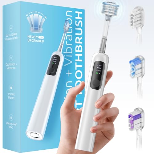 SYNHOPE Cepillo de dientes eléctrico oscilante de 60°, cepillo de dientes sónico de onda vibratoria para adultos con 2 cabezales de cepillo, IPX7 (blanco)