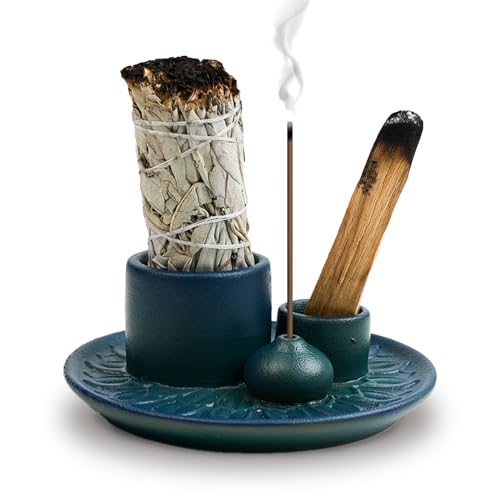 4 in 1 Incense Burner Holder,Sage Holder for Burning,Palo Santo Holder,Candle Holder,Ceramic Incense Burner Ash Catcher Tray for Meditation Yoga Room