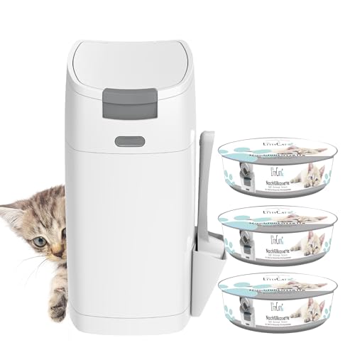Littycat Katzenstreu Entsorgungseimer mit Schaufel inkl. 3 Nachfüllkassetten Katzenklo Mülleimer in weiß grau