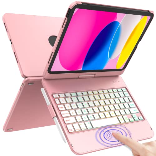 HOTLIFE Case with Keyboard for iPad 10th Generation,Touch Keyboard for iPad 10th Generation - 10 Color Backlight, 360° Rotatable Protective Cover with Pencil Holder for iPad 10.9 inch 2022