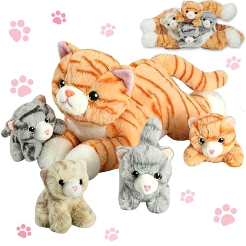 5 PCS Cat Stuffed Animal with Babies, 12 Inch Mommy
