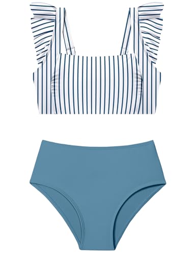 ZAANTI Tween Bathing Suits Square Neck Design Ruched Ruffle Trim Swim Suits for Girls 12-14 Years Old with Removable Chest Pad High Waist Two Piece Bathing Suits for Girls Stripe+Blue