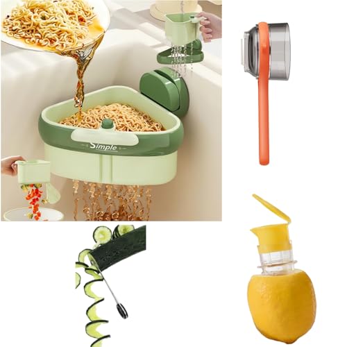 1 colador de fregadero de esquina + 1 pelador de verduras con recipiente + 1 cortador en espiral + 1 exprimidor de limón con tapa de rosca