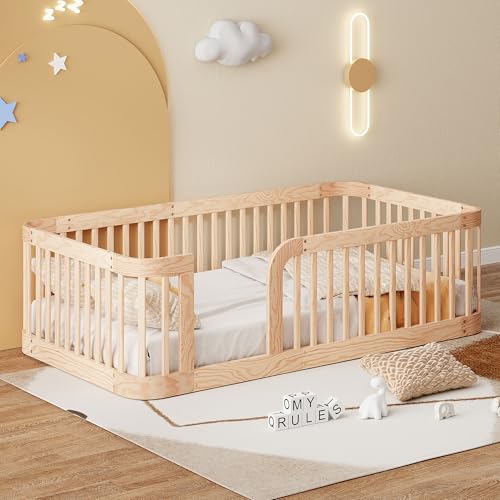 Twin Size Floor Bed with High Fence & Entrance, Natural Floor Bed for Kids by Bellemave - Used condition - US$194.11