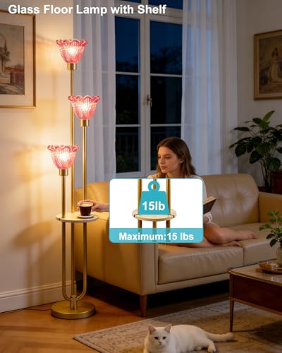 Image of Lightdot Glass Floor Lamp for Living Room Gold Floor Lamp with Rose Red Glass Shade & 3000K Bulbs Included Modern Tall Standing Lamp with 5Lbs Heavy Base for Bedroom /Sofa Beside /Corner Decor