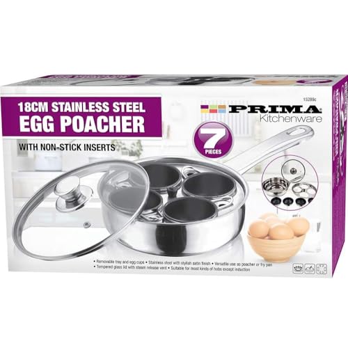 Image of BARGAINS-GALORE 7 Piece Stainless Steel Egg Poacher Pan - 4 Hole Cup, Poach Saucepan | Frying Pot with Glass Lid, Non Stick, See Through | Transparent Vented Glass Lid | Egg Maker, Cooker
