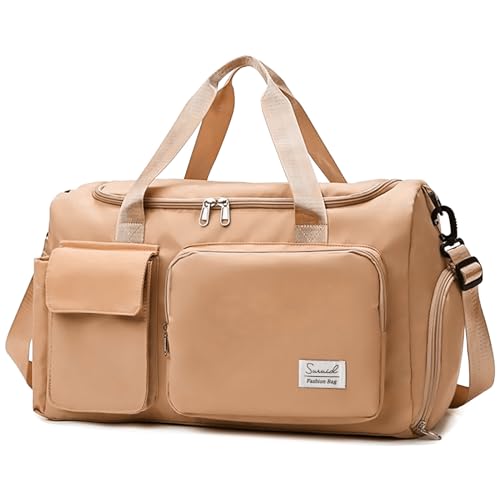 Suruid Travel Duffel Bag with Shoes Compartment Sports Gym Bag with Dry Wet Separated Pocket for Men and Women, Overnight Bag Weekender Bag Training Handbag Yoga Bag - Khaki