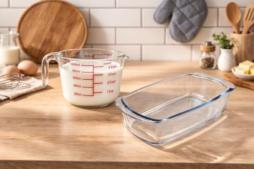Image of PUREFIT Glass Measuring Cup 350ml & Loaf Pan 1800ml Set | Borosilicate Glass | Microwave, Oven, & Dishwasher Safe | Non-Toxic, Easy to Clean | Ideal for Cooking and Baking