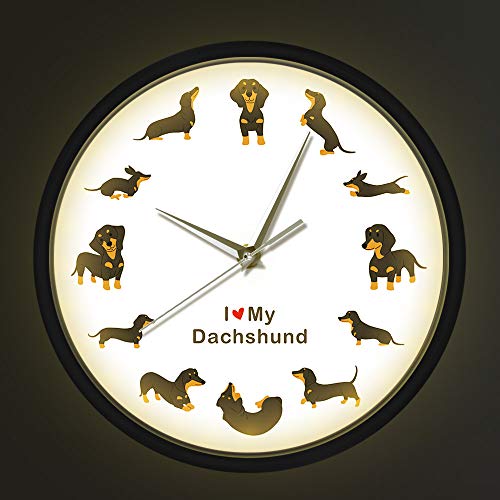 Geek Alerts Sound Activated LED Illuminated Wall Clock Cute Doxie Cartoon Style Dachshund Metal Frame Watch Dog Breed Timepiece Sausage Modern Non Ticking Quartz Clocks with Saying I Love Dachshund