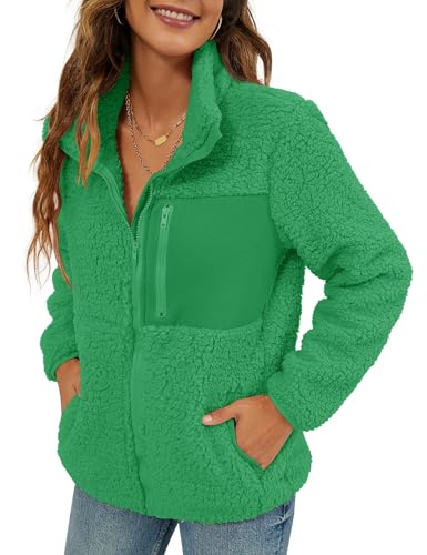 VVK Women's Fashion Faux Shearling Shaggy Full Zip Coats Warm Winter Patchwork Jackets with Pocket