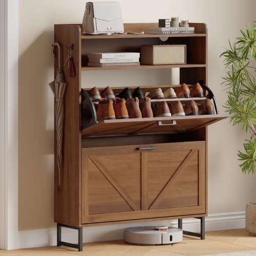 Image of Shoe Cabinet with 2 Flip Drawers, Freestanding Hidden Shoe Storage Organizer for Entryway, Narrow Slim Shoe Rack Cabinet with Open Storage & Hooks for Front Door Entrance, Living Room, Hallway, Walnut