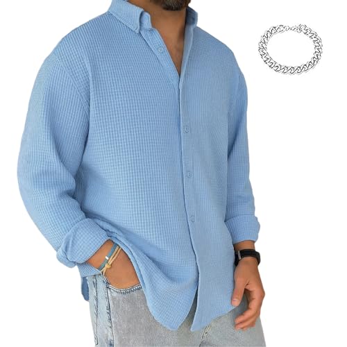 Mokaloha Mens Long Sleeve Shirts Waffle, Men's Stylish Casual Everyday Waffle Long-Sleeved Lapel Shirt